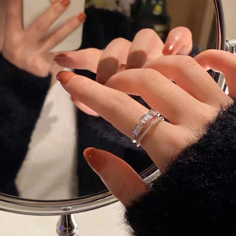 Cincin Perak Mengkilap Geometri Ganda Zircon Rings Untuk Perhiasan Wanita Aksesoris Fashion