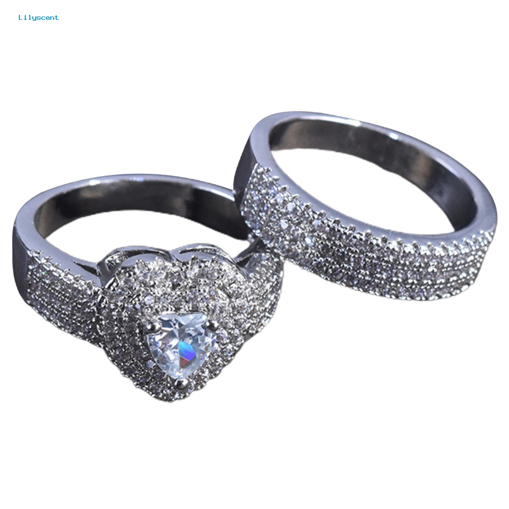 Lilyscent 2Pcs/Set Menawan Perhiasan Cincin Wanita Jewelry Lover Bentuk Hati Janji Rings Shiny