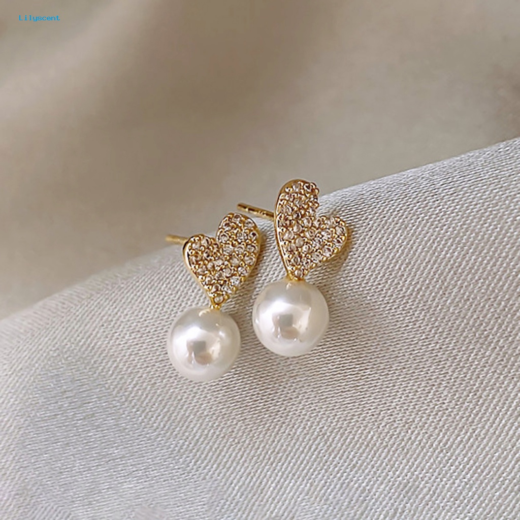 Lilyscent 1pasang Anting Wanita Mini Perhiasan Aksesoris Mutiara Imitasi Mengkilap Tinggi Cinta Hati Ladies Earrings Gaya Perancis