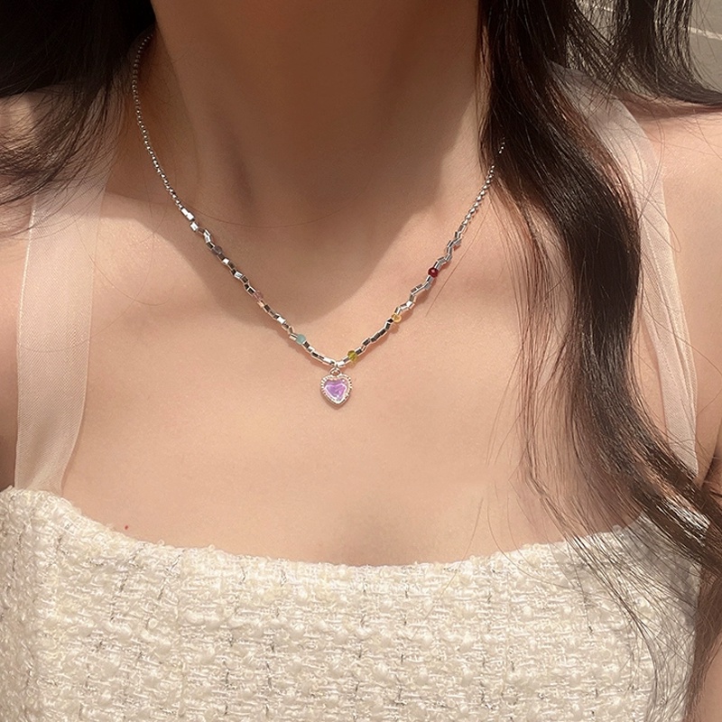 Papaozhu Musim Panas S925 Perak Manik-Manik Pelangi Hati Moonlight Batu Liontin Kalung Untuk Wanita Perempuan Trendi Peach Hati Tulang Selangka Rantai Kepribadian Leher Perhiasan Pakaian Perjalanan Pantai