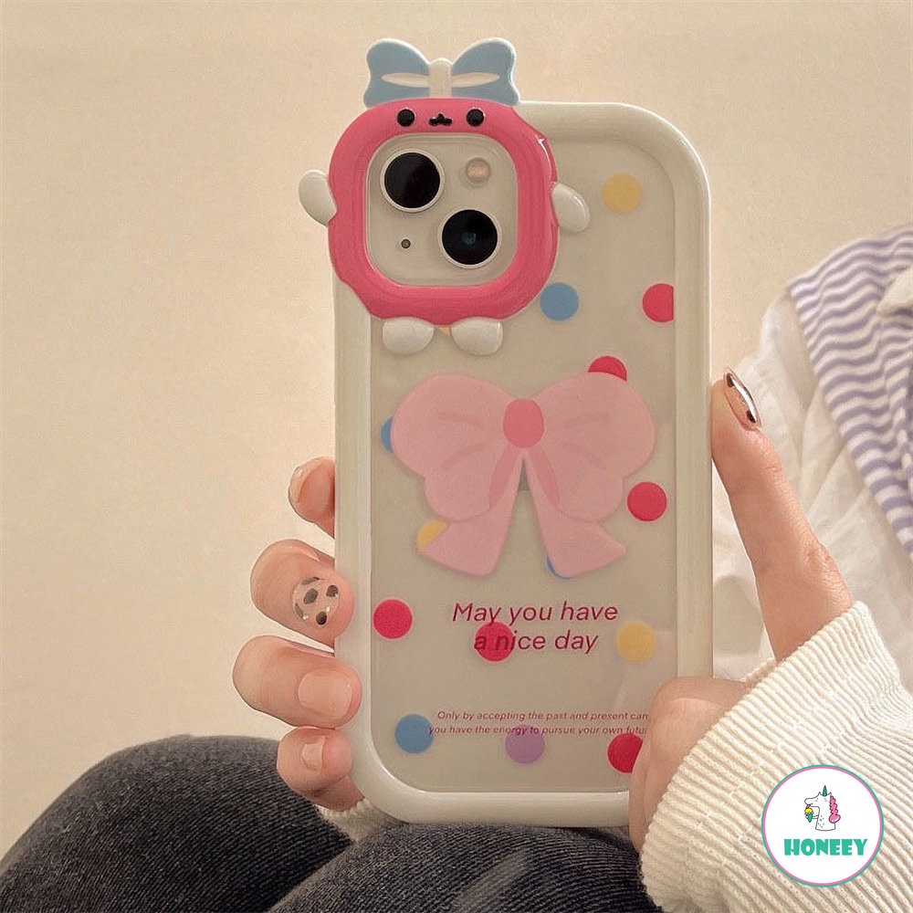 IPHONE Kepribadian Monster Kecil 2in1 Pink Bow Tie Bracket Polkadot TPU Anti-drop Untuk Iphone11 12 13 14 Pro Max 14plus Phone Case