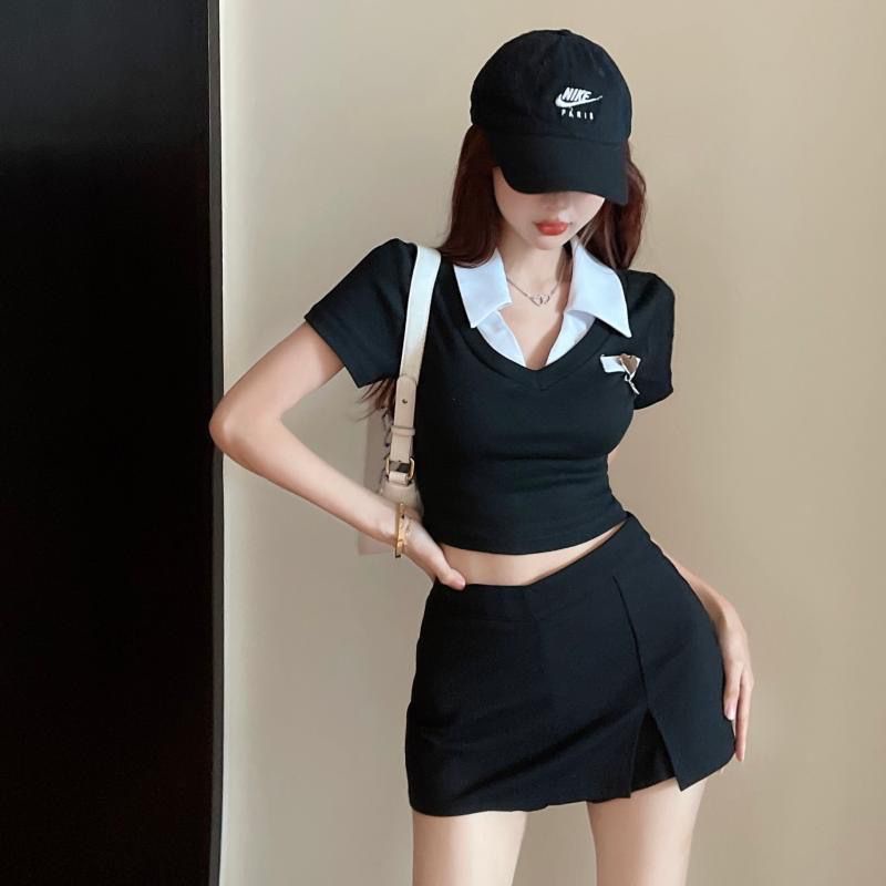 Red 2023 Musim Panas Baru Polo Shirt Wanita Lengan Pendek Manis dan Pedas Rasa Desain Niche Slim Pinggang Slim Panas gadis Pendek Top