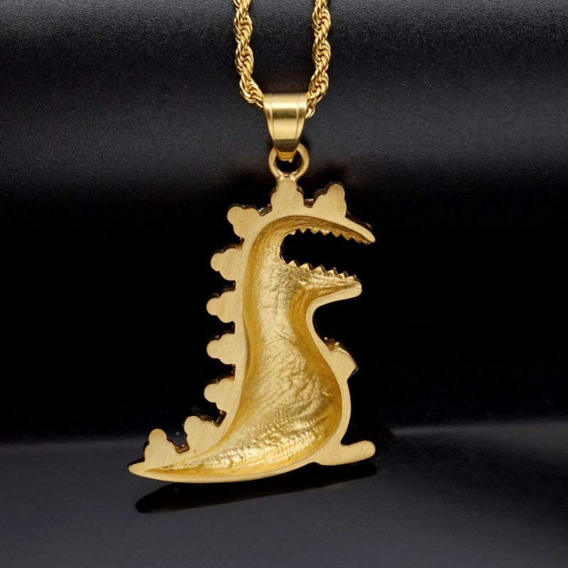 [X C Kalung] Baru Hip Hop Godzilla Dinosaurus Liontin Micro Set Zirkon Kalung Pria Pribadi Punk Stainless Steel Liontin Kalung Hadiah Liburan Perhiasan