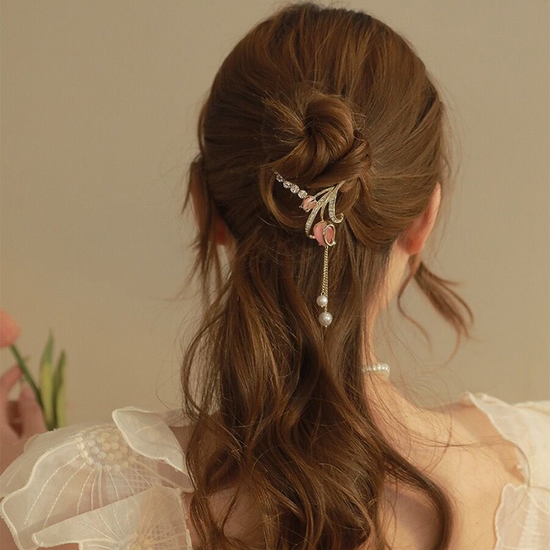 Elegan Bunga Tulip Rumbai Alloy Hair Clip Ponytail Gesper Jepit Rambut Aksesoris Rambut Wanita