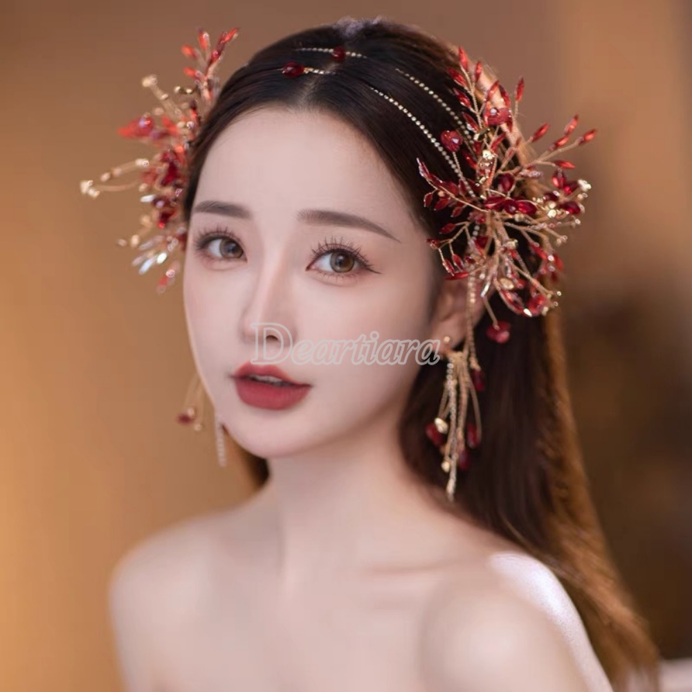 Bridal Hair Band Earrings Set Gaun Pernikahan Berlian Imitasi Hiasan Kepala Seri Sen Aksesoris Rambut Pernikahan Gaya Rantai Aksesoris Rambut