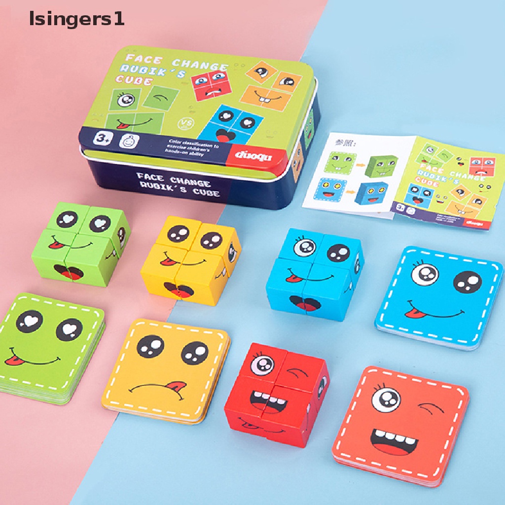 [lsingers1] Mainan Edukasi Perubahan Emosi Blok Ekspresi Puzzle Edukasi Belajar Dini Montessori Mainan Anak Kayu Cube Table Games Butik