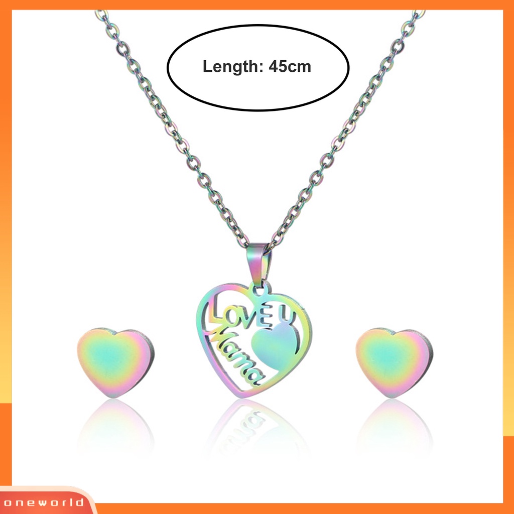 [ONE] 2 Pcs/Set Wanita Kalung Berongga Cinta U Mama Hadiah Hari Ibu Warna Pelangi Cinta Kecil Hati Telinga Studs Earrings Kit Fashion Perhiasan