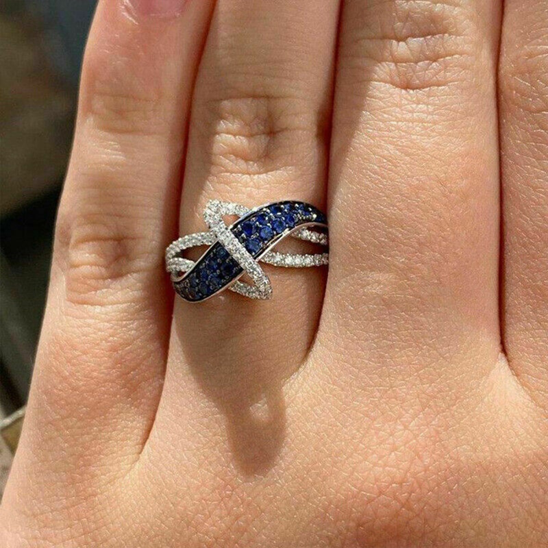 Cincin Berlian Biru Geometris Garis Silang Cincin Kawin Tunangan Untuk Wanita Perhiasan Halus Untuk Wanita