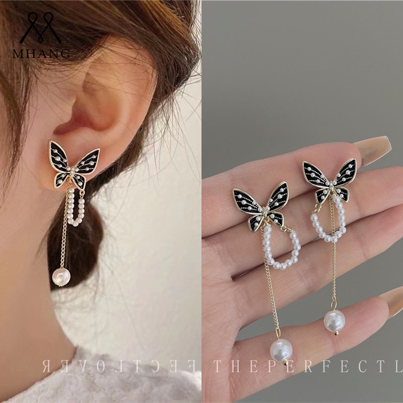 Korea Retro Hitam Kupu-Kupu Rumbai Anting Temperamen Fashion Mutiara Rantai Ladies Earrings