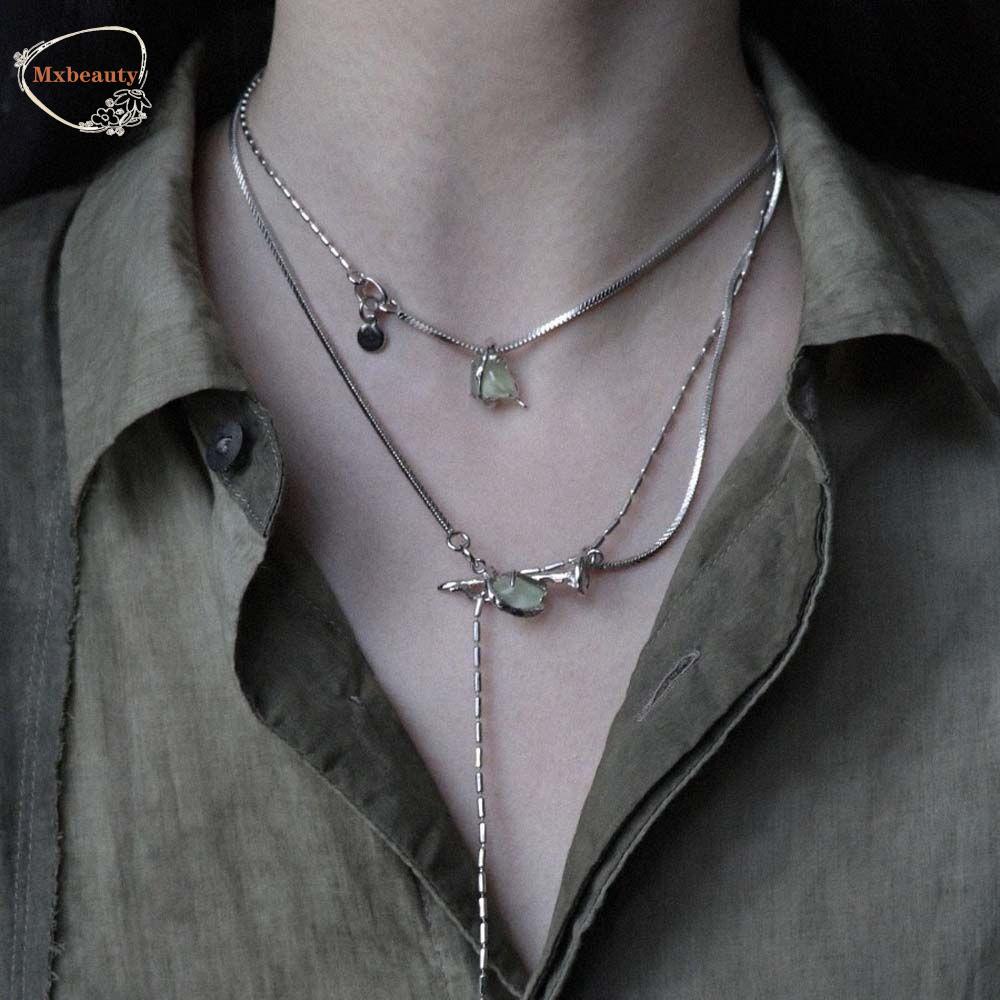 Mxbeauty Wanita Splicing Kalung Elegan Choker Giok Liontin Gaya Etnik Bahan Titanium Steel Tulang Ular Rantai Klavikula Chain