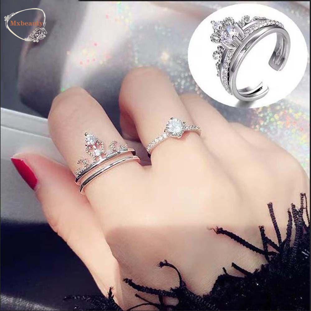 MXBEAUTY Adjustable Opening Rings Engagement Fashion Finger Rings Set Women Wedding Creative Gifts 2 In 1 Zircon Jewelry/Multicolor