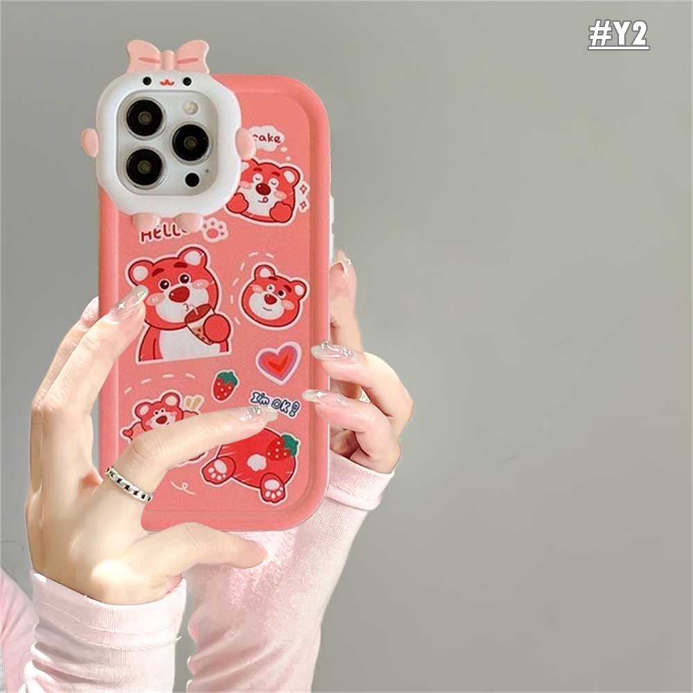 IPHONE Fashion Case Kompatibel Untuk Iphone14 11 12 iPhone6 7 8 Plus 13 Pro MAX 14plus 11Pro MAX XR XS MAX SE Kartun Lucu Manyo Beruang Strawberry Monster Kecil Lensa Shockproof Case BY