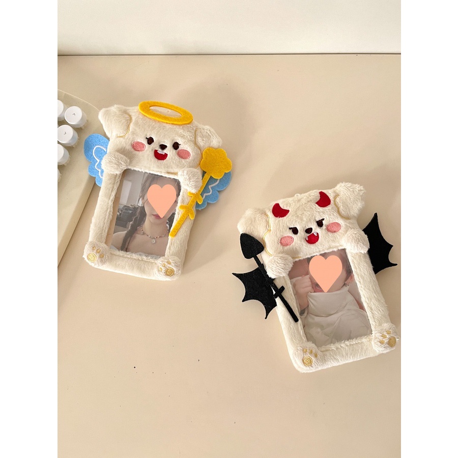 3inch Kpop Photo Card Holder Kawaii Angel Demon Lembut Mewah Tempat Kartu Gantungan Kunci Photo Card Holder Kemasan Charm