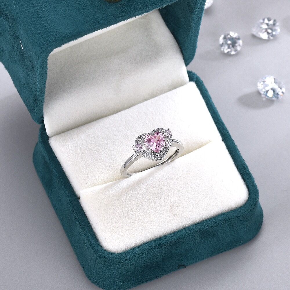 Cincin Perak Kristal Adjustable Pink Zircon Heart Rings Untuk Wanita Fashion Aksesoris Perhiasan