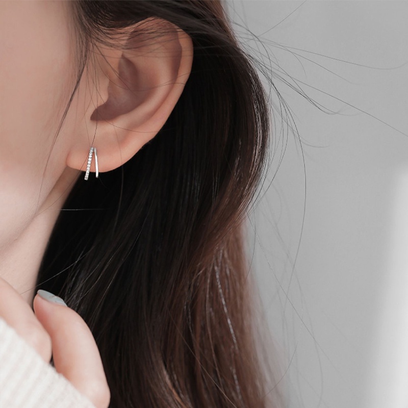 Papaozhu Korea S925 Perak C Bentuk Bersinar Kristal Stud Anting-Anting Untuk Wanita Perempuan Minimalis Kedip Geometris Zirkon Anting-Anting Perhiasan Telinga Mode