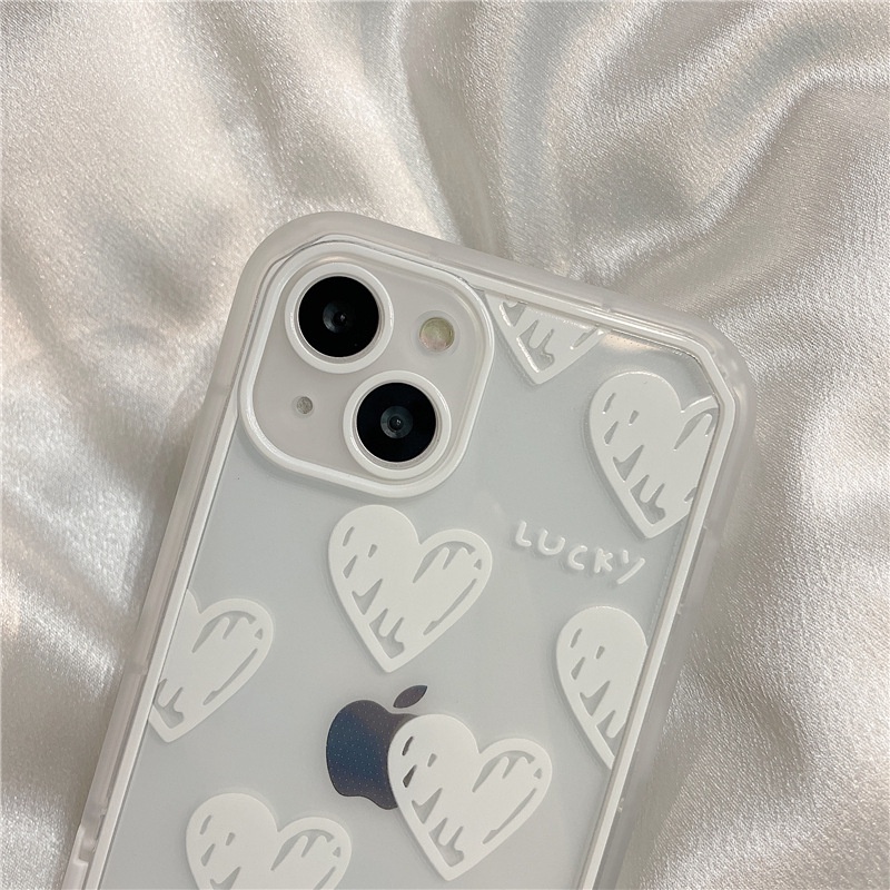 IPHONE Doodle Putih Cinta Hati Semi Transparan Tak Terlihat Lipat Holder Phone Case Cover Dengan Rantai Manik-Manik Untuk Iphone7 8 PLUS X XR XS 11 12 13 14 PRO MAX SE 2020