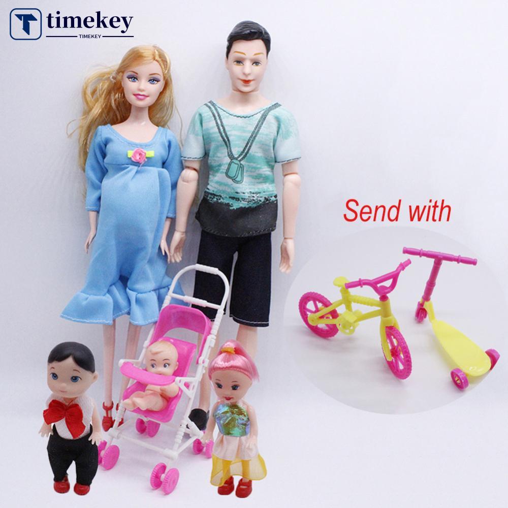 Timekey 5pcs Happy Family Kit Mainan Boneka Hamil Babyborn Ken &amp; Wife Dengan Kereta Dorong Mini Kereta Baby Doll Mainan Anak Untuk Perempuan E9M9