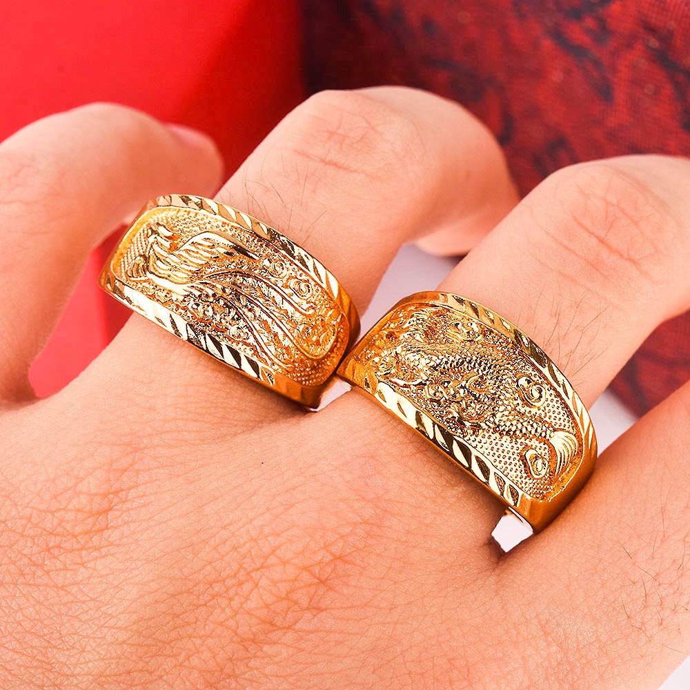 Goldkingdom Aksesoris Perhiasan Fashion Ready Stock Pasangan Berlapis Emas Pembukaan Naga Dan Phoenix Cincin Untuk Pria Dan Wanita Sampai Cincin Perhiasan Pernikahan.