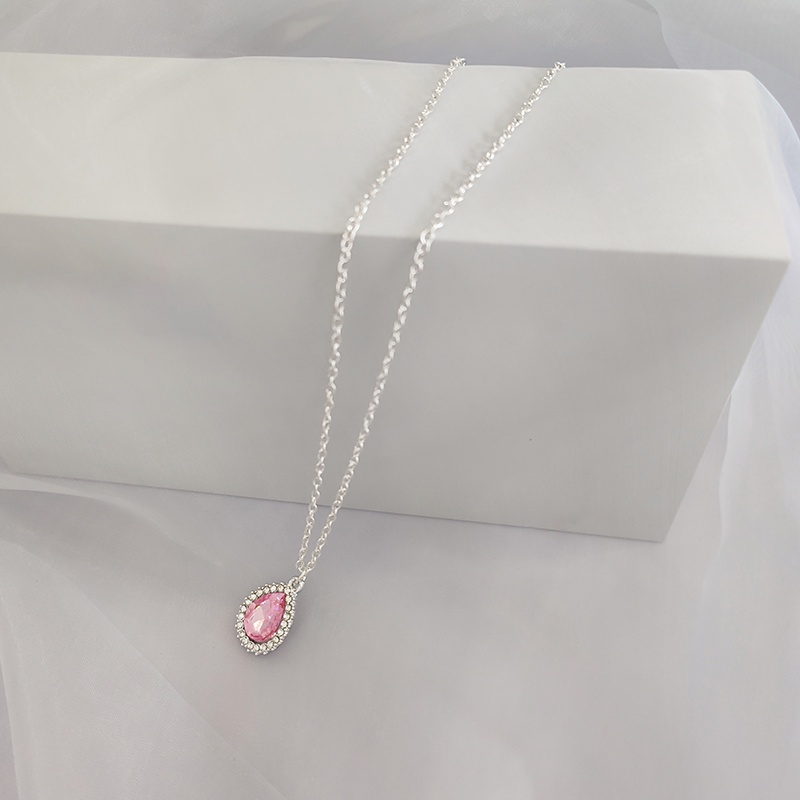 Rantai Kalung Zirkon Lucu Perak Pink Untuk Wanita Fashion Tetesan Air Bentuk Liontin Necklaces Jewelry