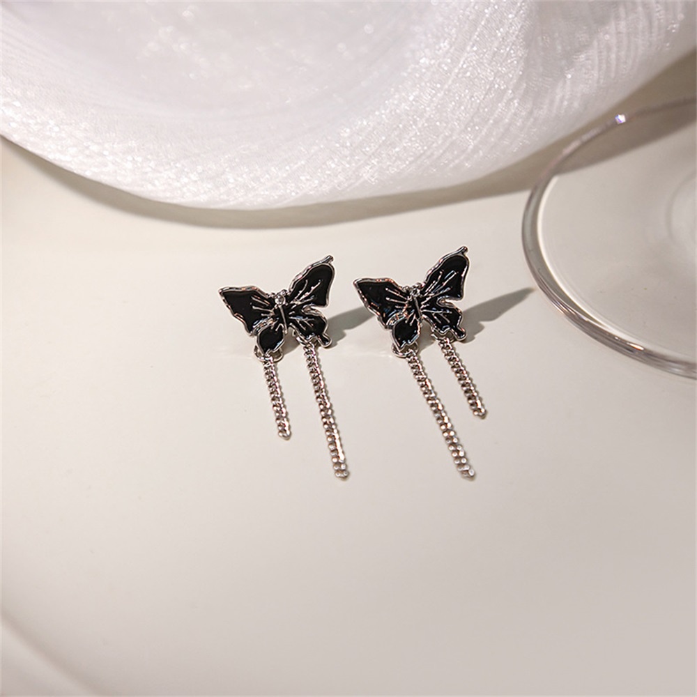 Ins Hitam Kupu-Kupu Rumbai Anting Gadis Keren Vintage Unik Studs Earring Perhiasan Aksesoris