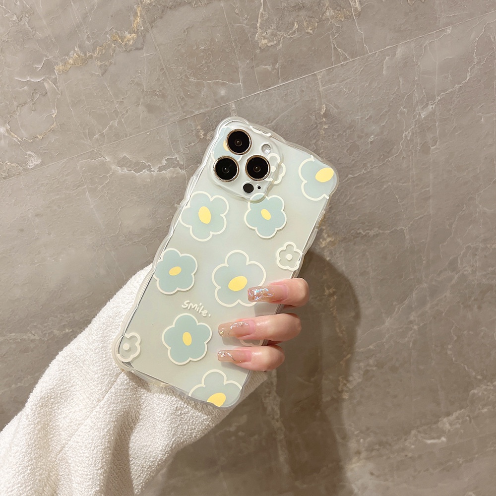 IPHONE Biru Muda Doodle Bunga Transparan Berbentuk Gelombang TPU Soft Phone Case Cover Untuk Iphone7 8 PLUS X XR XS 11 12 13 14 MINI PRO MAX SE 2020