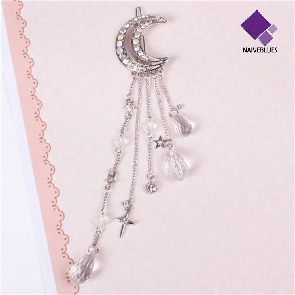 &lt; Naiveblues &gt; Shiny Retro Alloy Hair Clip Moon Rhinestone Menjuntai Jepit Rambut Perhiasan