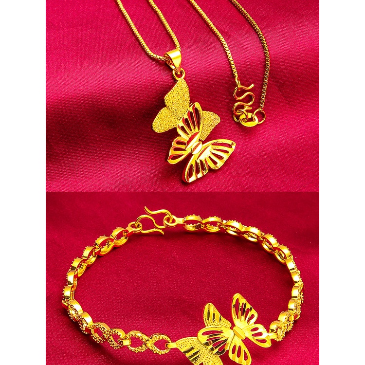 Goldkingdom Perhiasan Fashion 24K Bangkok Aksesoris Ready Stock Wanita Busur Gelang Kalung Cincin Kupu Lapis Emas Set