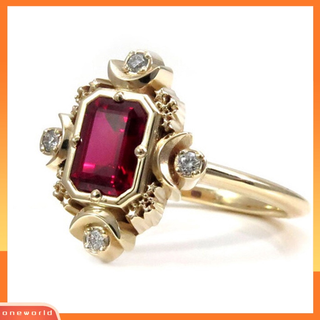 [EONE] Cincin Wanita Persegi Merah Perhiasan Permata Imitasi Electroplating Rhinestones Finger Ring Untuk Pernikahan