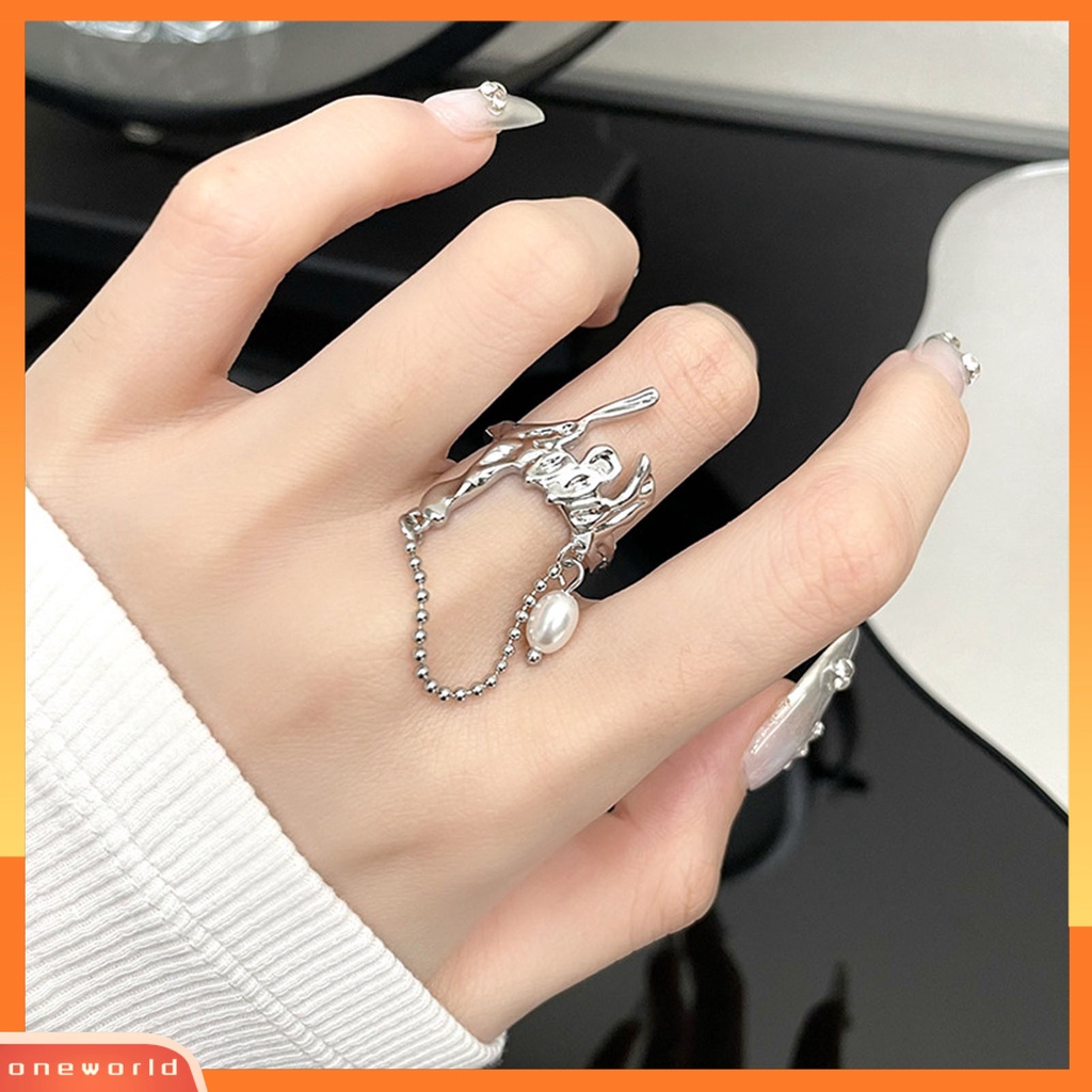 [EONE] Wanita Cincin Gothic Tidak Teratur Imitasi Moonstone Rumbai Mutiara Imitasi Dress Up Lipit Logam Estetik Jari Cincin Wanita Perhiasan Hadiah Ulang Tahun