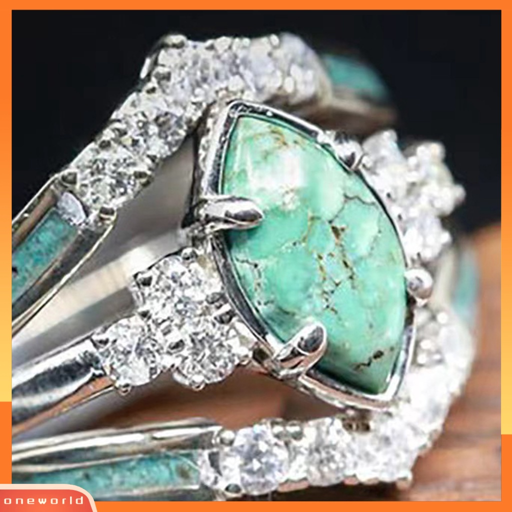 [EONE] Wanita Cincin Vintage Rusak Imitasi Turquoise Alloy Mewah Kepribadian Hadiah Berlian Imitasi Bertatahkan Jari Cincin Fashion Perhiasan