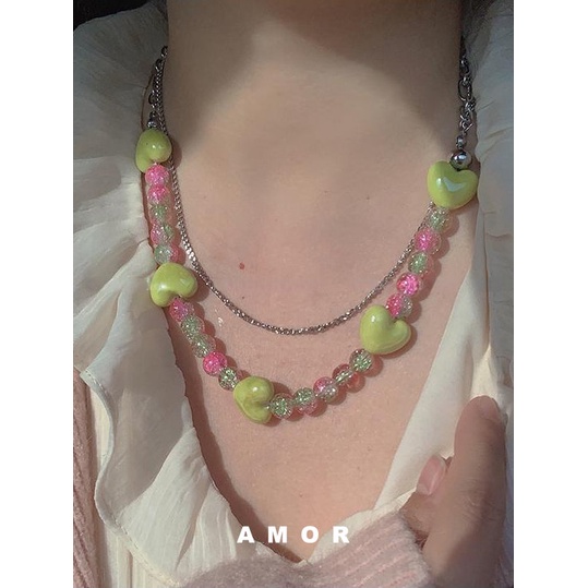 Y2k Cinta Manik-Manik Kalung Gelang Warna-Warni Gadis Pink Double Layer