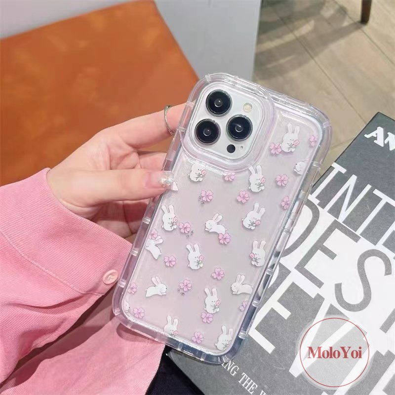 IPHONE Lucu Kartun Kelinci Cover Kompatibel Untuk Iphone11 7Plus 8Plus XR 14 13 12 Pro MAX 6 6S Plus X XS MAX Ins Fresh Flower Airbag Shockproof Transparan Tpu Soft Phone Shell Case