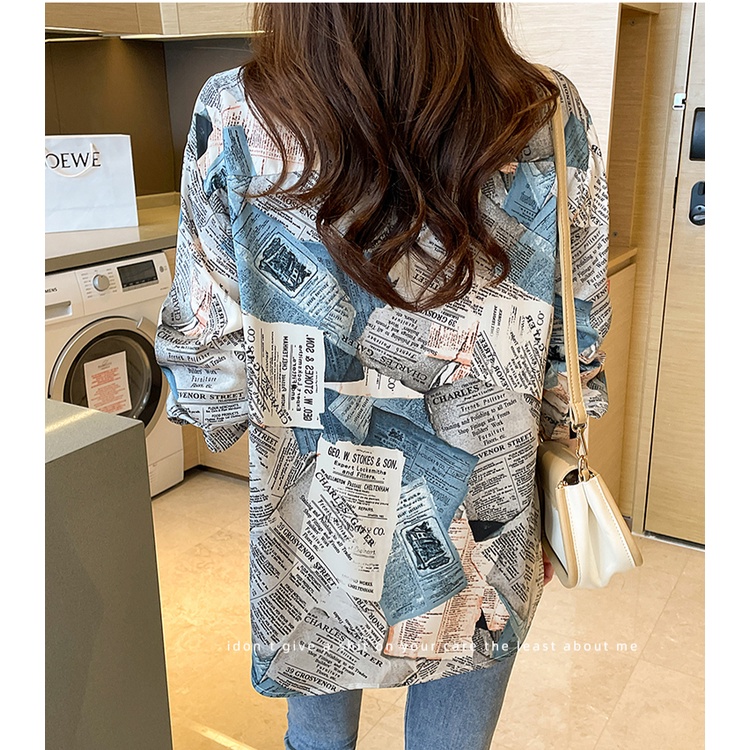 Kualitas Tinggi Cetak Koran Seni Hijau Biru Kemeja Wanita Lengan Panjang Fashion Korea Atasan Kerja Santai