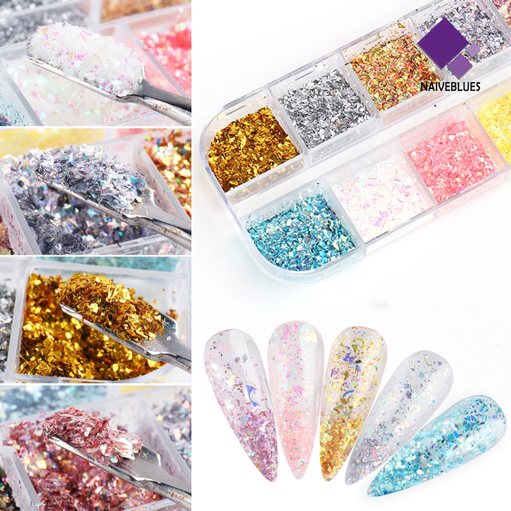 [naiveblues] 12kisi/kotak Kuku Foil Efek Musim Panas Tidak Teratur Silver Halus DIY Manicure Untuk Kecantikan