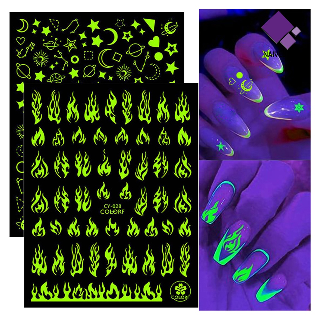 [naiveblues] 1lembar Stiker Kuku Indah Kertas Lengket Tinggi Luminous Glow Manicure Untuk Rumah