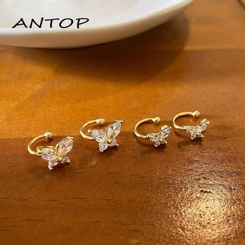 [antop] Anting Klip Desain Kupu-Kupu Kristal Warna Emas Gaya Korea Untuk Wanita