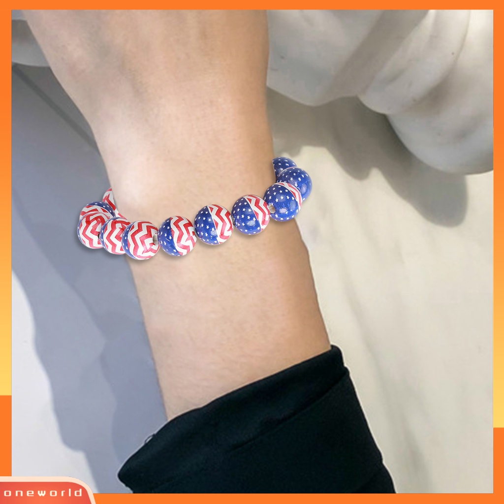 [EONE] Bendera USA Gelang Indah Pesona Perhiasan Merah Biru Putih Manik-Manik Kayu Peregangan Elastis Wristwear Multicolor USA Hari Nasional Wanita Pria Manik-Manik Gelang Hadiah Pasangan