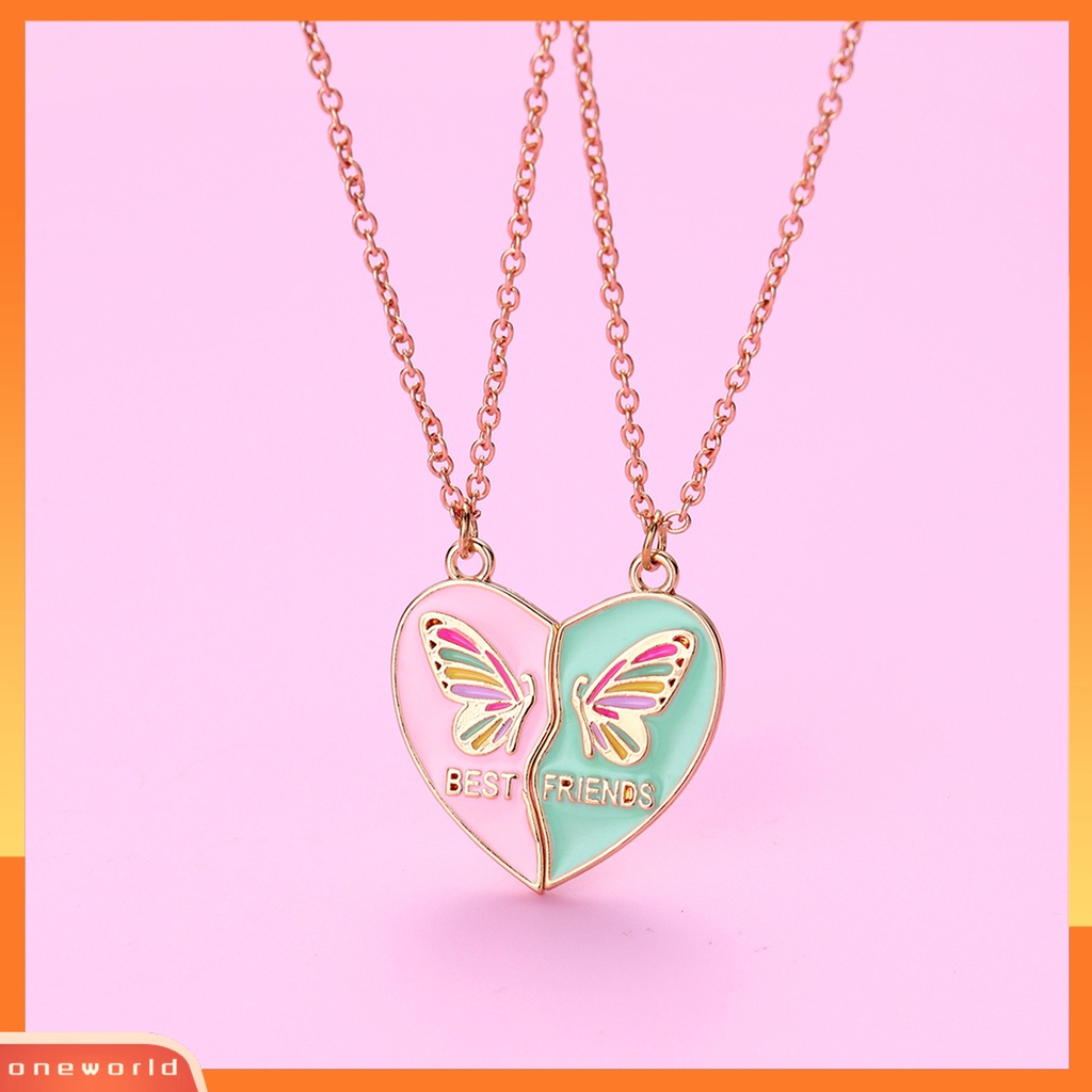 [EONE] 1pasang Wanita Kalung Sahabat Minyak-dripping Kupu-Kupu ic Rantai Ganda Splicing Cinta Hati Anak Klavikula Kalung Fashion Perhiasan