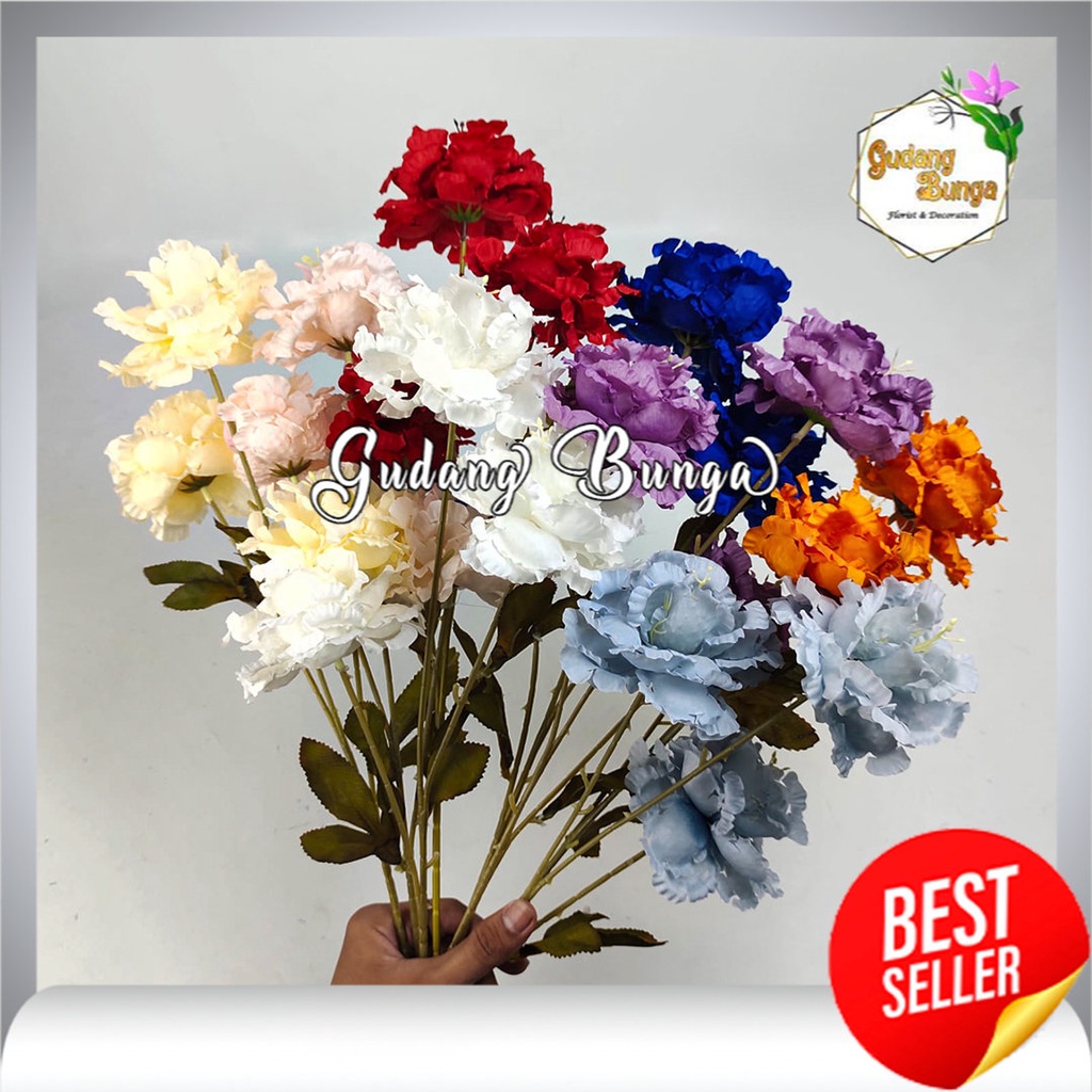 Peony Rush Cabang 3 Bunga artificial Imitasi kain untuk Dekorasi Hiasan cafe, kamar, rumah, dan dekorasi wedding atau pelaminan Import artificial palsu kain premium termurah