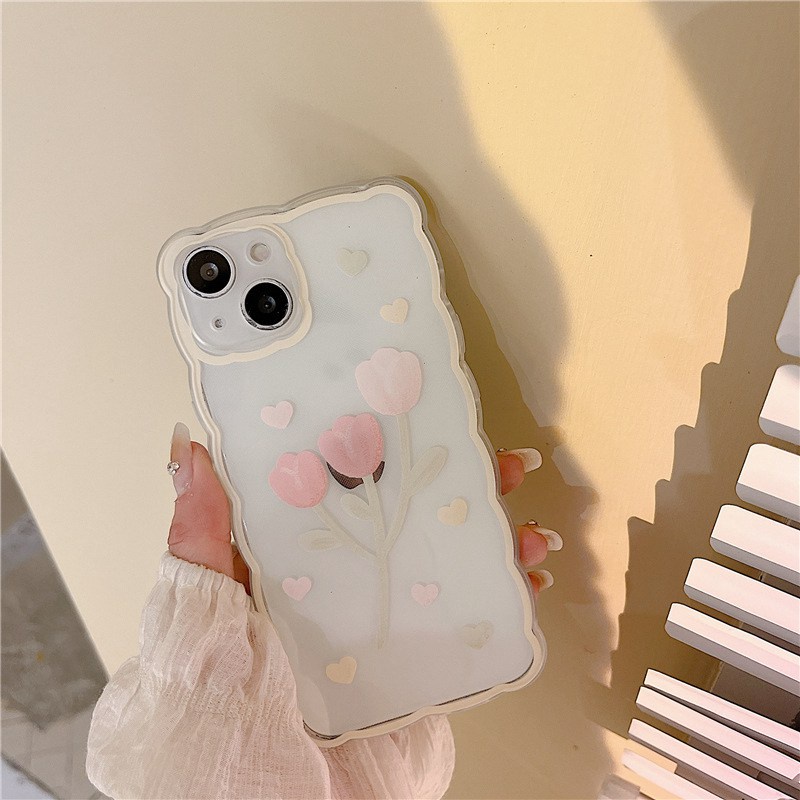 【INS Wave】Pink Tulip Love Soft TPU Case HP iP iPhone 11 12 13 14 Pro Max 7 8 + Plus SE 2020 X XS XR Max Girl Woman Clear FTD Casing Apple