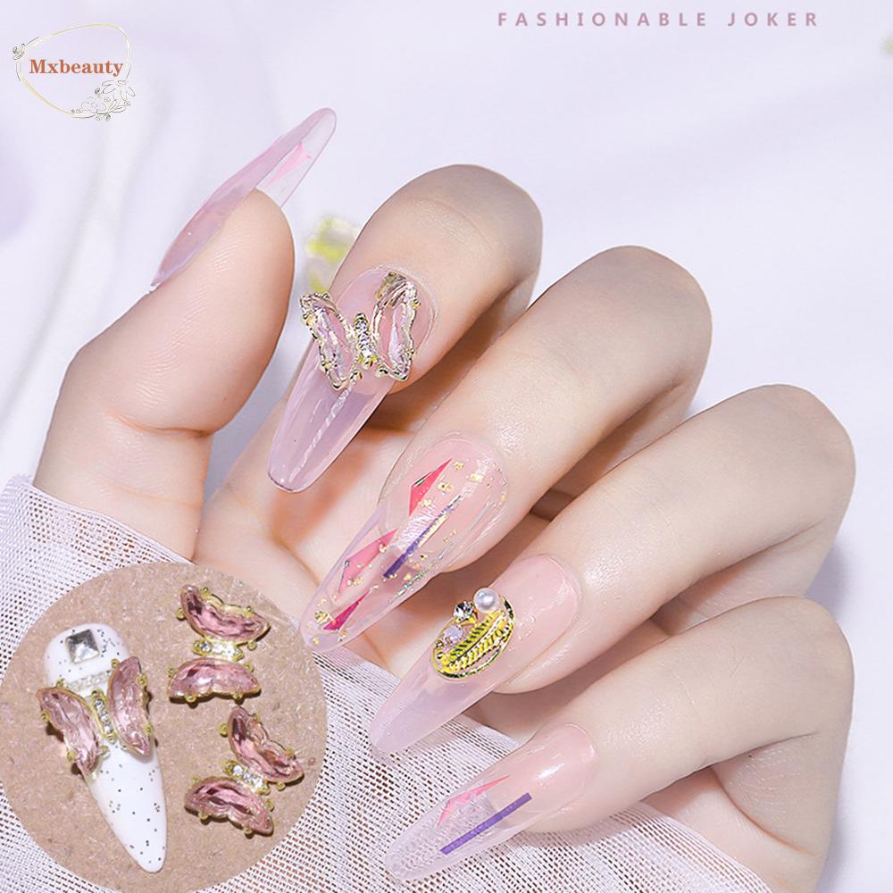 Mxbeauty Hiasan Kuku Kupu-Kupu Kristal Paduan Dasar Datar Manicure Tips Diamond Shiny Zircon Aurora Butterfly