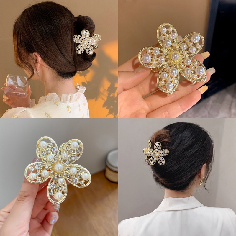 Fashion Logam Bunga Jepit Rambut Hair Claw Mutiara Berlian Imitasi Rambut Klip Wanita Aksesoris Rambut