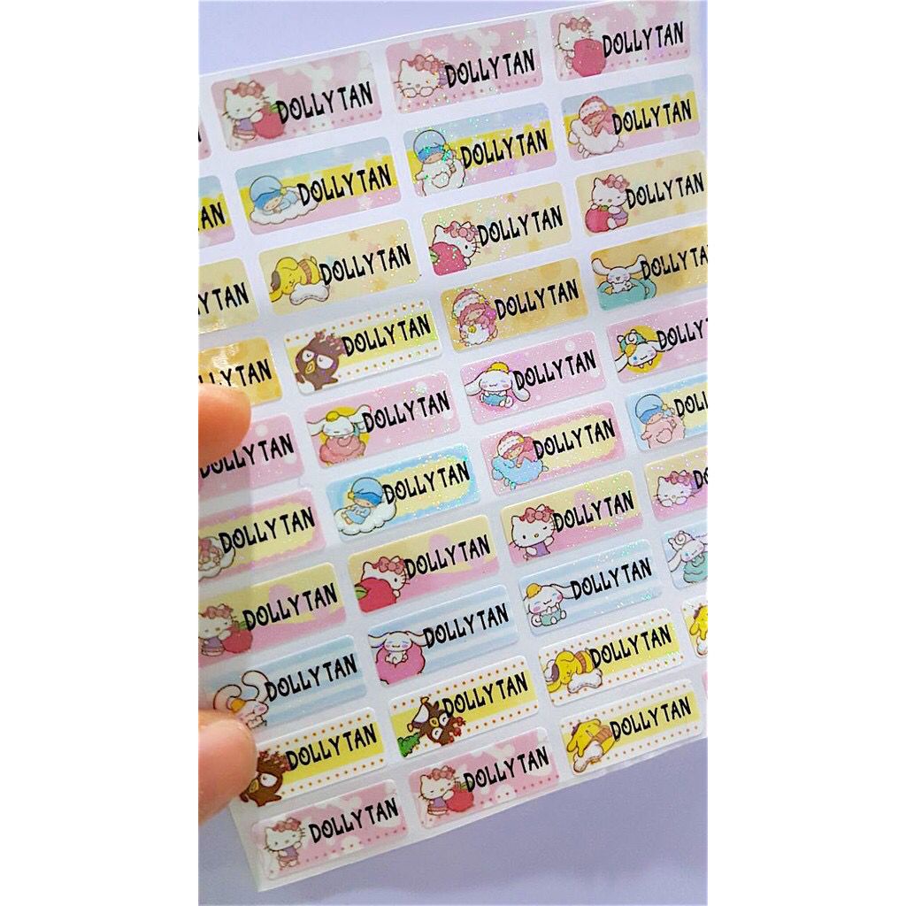 

Mainan Anak Label Sticker Glitter Anti Air Premium Hello Kitty Karakter Terima Cetak Nama Custom Kustom