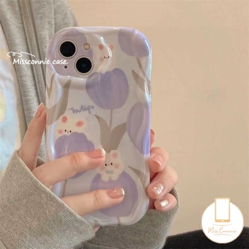 IPHONE Ins Tulip Kelinci Lucu Casing Kompatibel Untuk Iphone11 14 12 13 Pro Max 7Plus XR X7 8 6s 6 Plus XS Max SE 2020 Bunga Segar Shockproof 3D Wavy Curved Edge Glossy Soft Cover Case