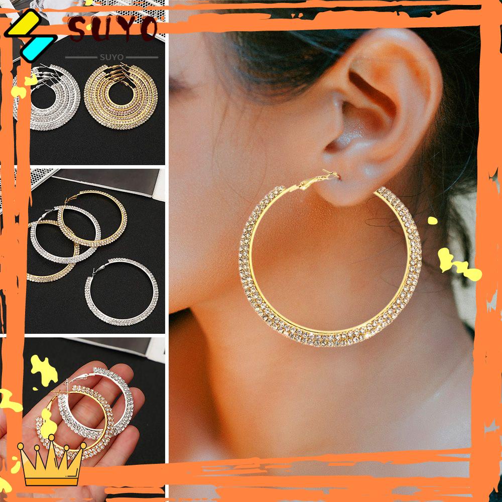 Suyo Anting Hoop Kristal Wanita Emas Perak Bulat Besar Lingkaran Menjuntai Perhiasan