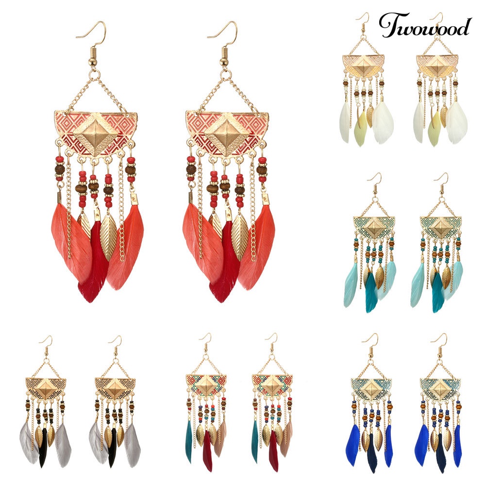 Twowood Boho Geometris Bentuk Kipas Rumbai Manik-Manik Bulu Anting Statement Lady Ear Hooks