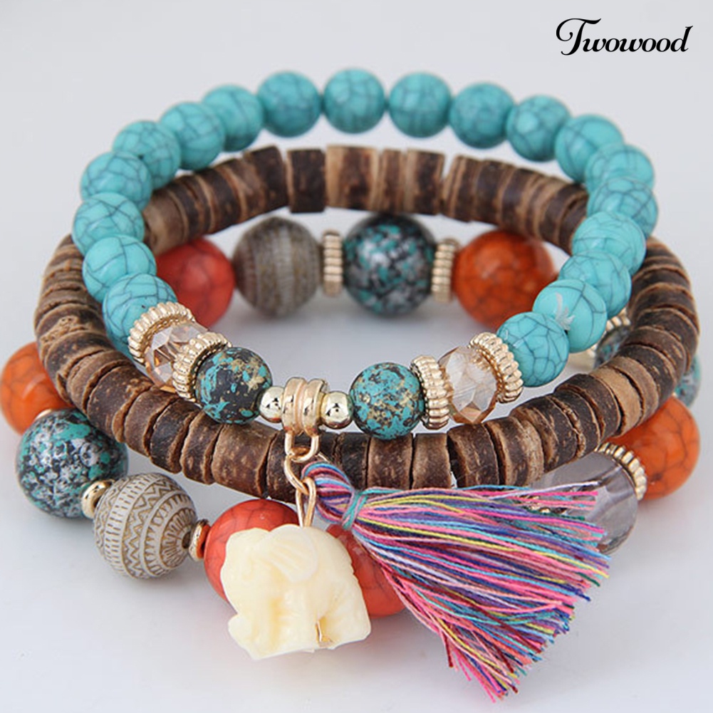 Twowood 3Pcs/Set Bohemian Wanita Gajah Rumbai Pesona Ceko Batu Manik-Manik Gelang Hadiah