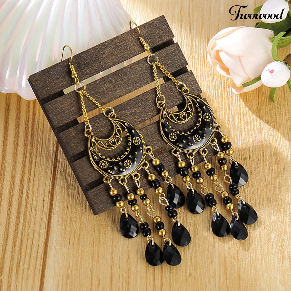 Twowood Women Earrings Gaya Etnik Hias Bentuk Bulan Anting Lady Tahan Lama Untuk Pakaian Sehari-Hari