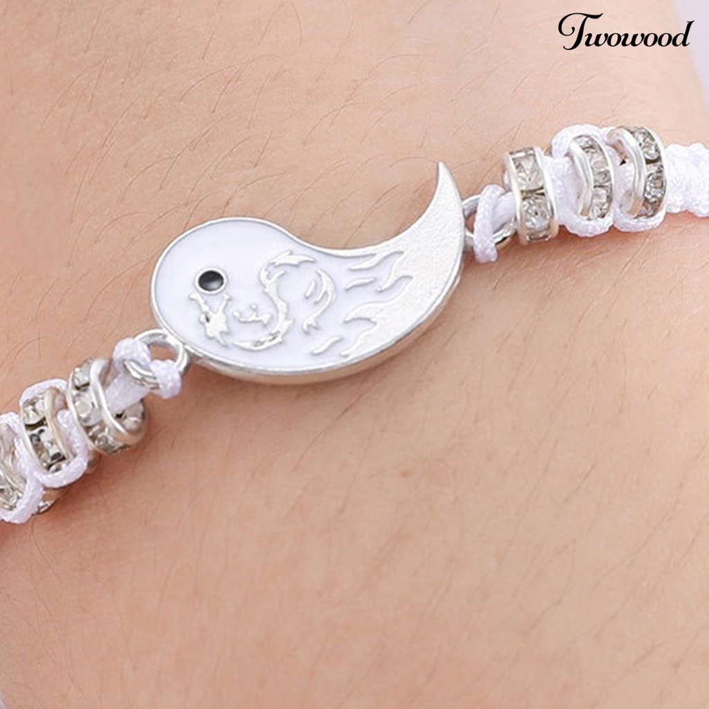 Twowood Adjustable Circle Decor Gaya Etnik Gelang Pasangan Motif Retro Tai Chi Pendant Woven Bracelet Untuk Hari Valentine