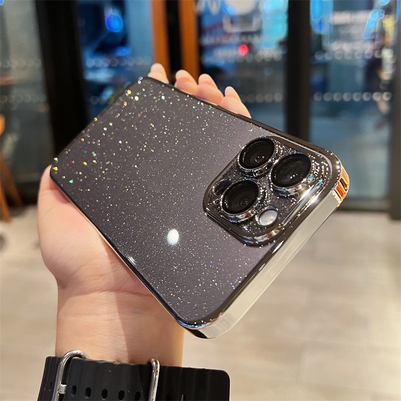 IPHONE Luxury Silver Glitter Electroplate Bumper Bling Clear Case Untuk Iphone14 13 12 Pro Max Case Dengan Lensa Film Silikon Penutup Akrilik